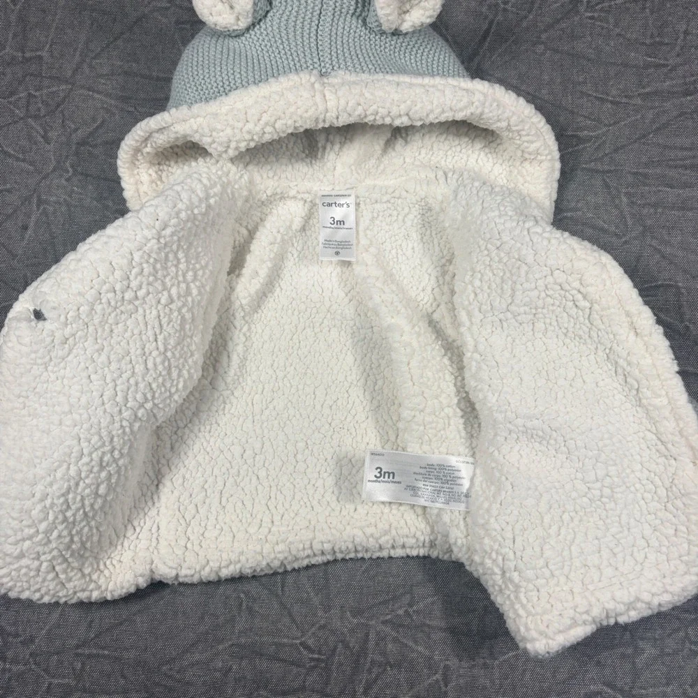 Carters Hooded Sweater Unisex 3M Blue Sherpa Lined Bear Ear Knit Cardigan Jacket